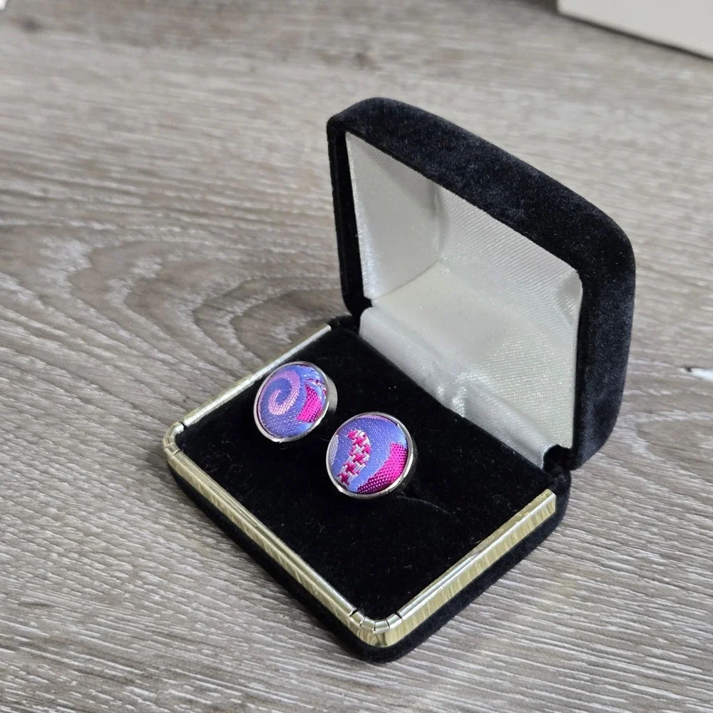 Vintage Silver Tone Round Purple Pink Silk Fabric Inlay Bullet Back Cufflinks